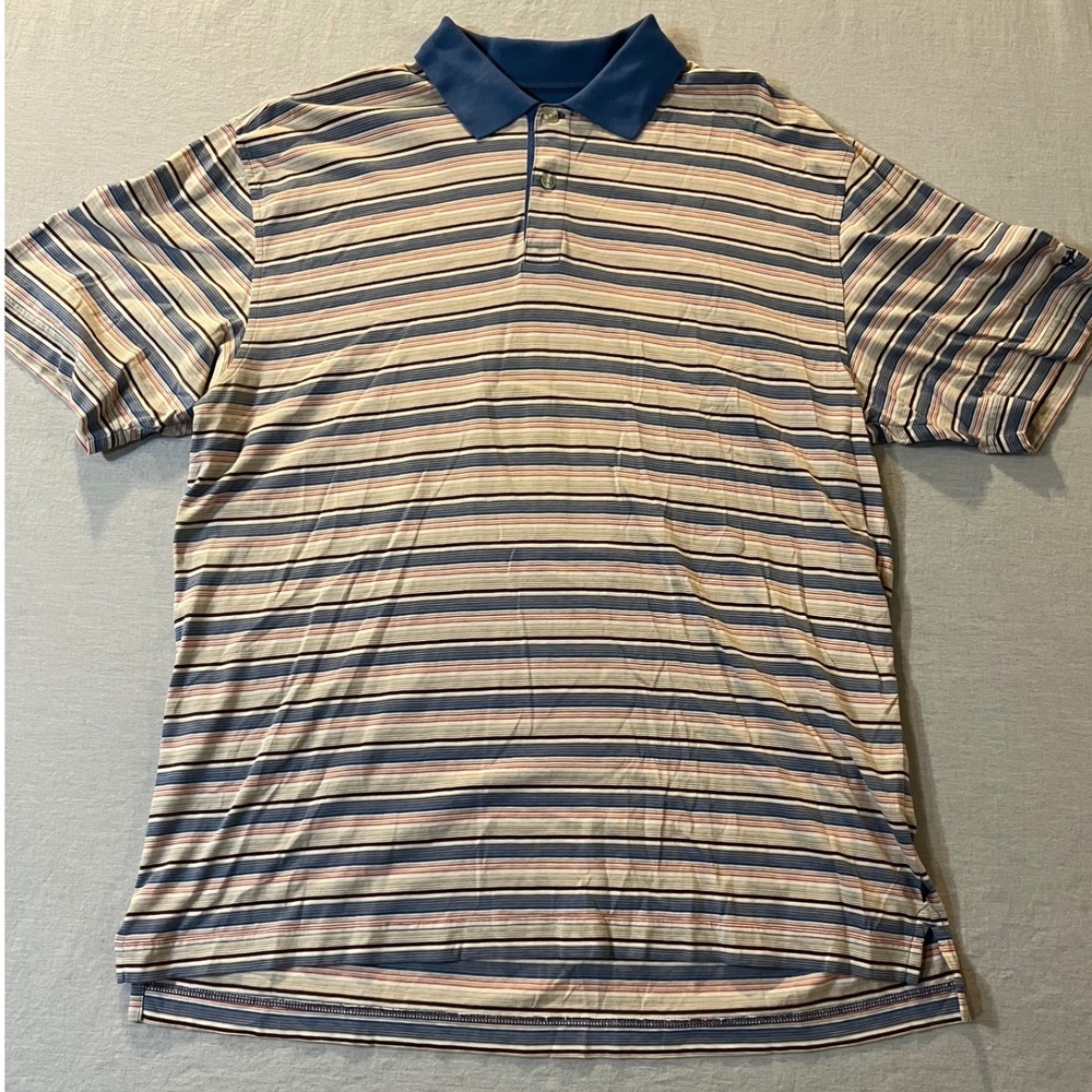Callaway Golf Sport Mens Large‎ Striped Polo Shirt Blue Brown Tan Short Sleeve